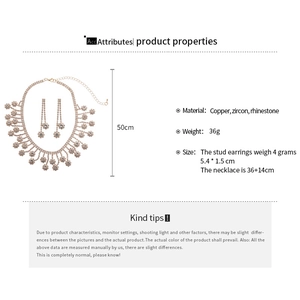 Detailed size and weight specs for rose gold flower tassel necklace and earrings set