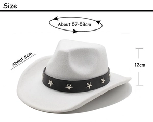 White wool felt western cowboy hat featuring black leather band and silver star studs
