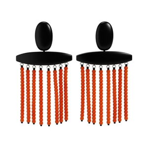 Modern orange tassel earrings with black geometric accents on a clean white background