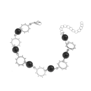 Stainless steel sun charm bracelet with polished black beads and lobster clasp closure