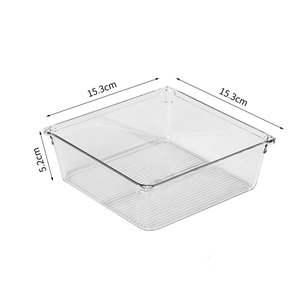 Detailed view of clear PET storage box with dimensions 15.3x15.3x5.2cm for organization