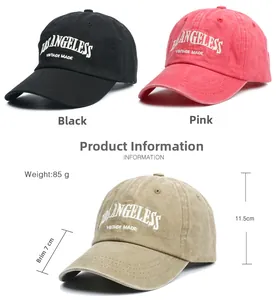Detail view of cotton baseball caps showing dimensions 11.5cm height and 7cm brim length