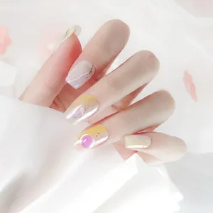 Phantom Circle gradient press-on nails with marble texture, gold foil and 3D bead accents