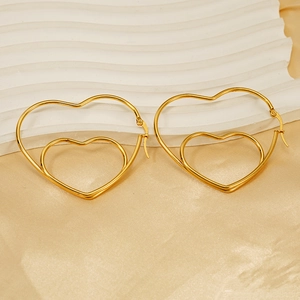 Boucles d'oreilles tendance en acier inoxydable doré avec double cœur évidé pour femme