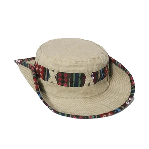 Khaki canvas sun hat with colorful ethnic pattern trim for outdoor hiking and travel