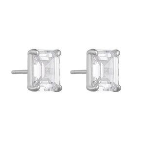 Detailed view of emerald cut zircon earrings with four-prong silver setting