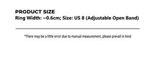 Detailed size chart for 18K gold ring showing 0.6cm width and US size 8 adjustable band