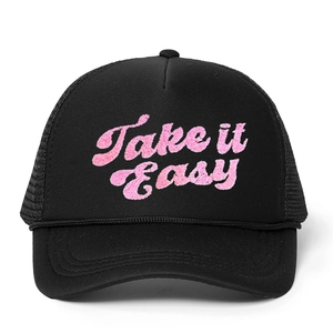 Casquette trucker noire avec broderie Take It Easy rose et maille respirante