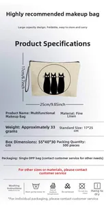 Detailed size specifications of linen makeup bag featuring a cute black cat pattern