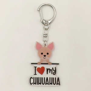 Detail view of acrylic Chihuahua keychain with I Love My Chihuahua text and lobster clasp