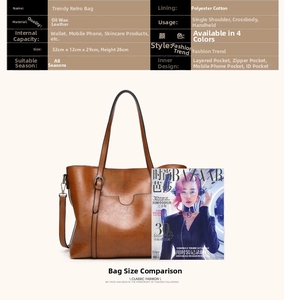 Detailed size specs for brown oil wax leather bucket bag with multiple inner pockets
