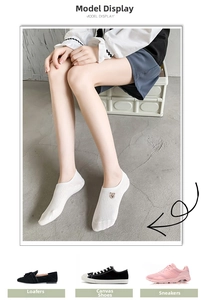 Detail of white low-cut invisible socks with bear embroidery and vertical stripe texture