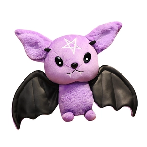 Purple gothic bat plush toy with black PU wings and embroidered white star detail