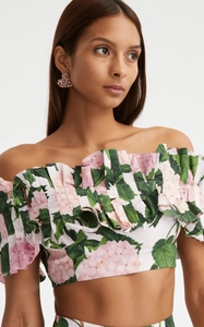 Detail of pink hydrangea floral print and ruffled bandeau top on woman's swimsuit