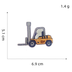 Detailed view of forklift embroidery patch measuring 6.9 x 5.1 cm for clothes