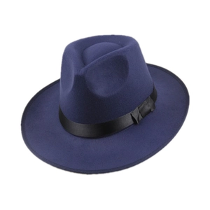 Classic navy wool fedora hat with black grosgrain ribbon for men and women
