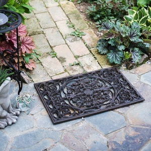 Zerbino vintage in ghisa rettangolare con motivi a volute per il portico del giardino