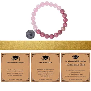 Pink and purple natural stone compass bracelet with three graduation gift cards