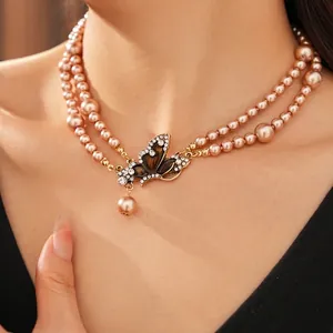 Vintage double layer champagne pearl necklace with luxury enamel butterfly diamond pendant