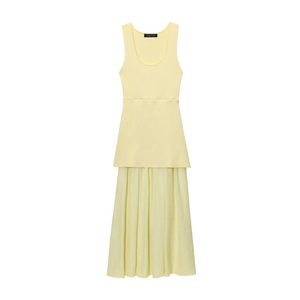 Light yellow knit ribbed sleeveless dress with pleated skirt design in minimalist style