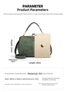Detail view of vintage dark green kiss-lock bag with scale and iPad for size comparison