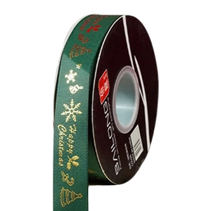 Dark green Christmas ribbon with gold snowflake patterns and Happy Christmas text on roll