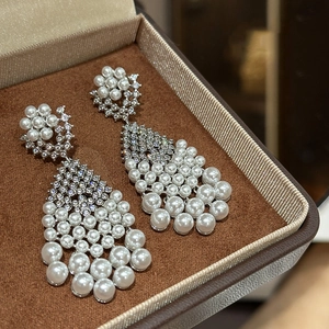 Elegant silver tassel earrings with pearls and water drop diamonds in a velvet gift box