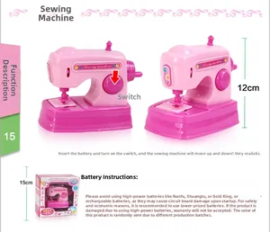 Macro detail of kids electric sewing machine toy with pink design and dimensions