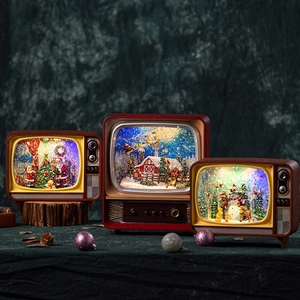 Retro TV Christmas Musical Box Snow Globe With LED Light And Music Vintage Festive Tabletop Decoration For Home Office