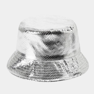 Silver metallic laser PU bucket hat with snake skin texture for outdoor fashion