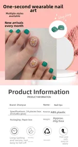 Detail view of 24pcs green and daisy floral press-on toenails with size chart and specs