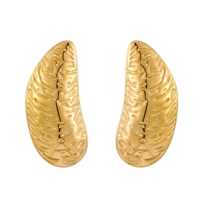 Macro detail of golden crescent earrings showing irregular textured cocoon surface