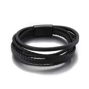 Men Multi-layer Braided Cowhide Leather Bracelet With Stainless Steel Magnetic Clasp Punk Style Fashion Wristband