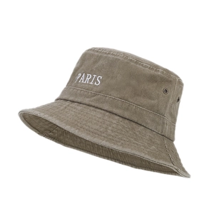 Washed vintage khaki bucket hat with Paris embroidery and breathable metal eyelets