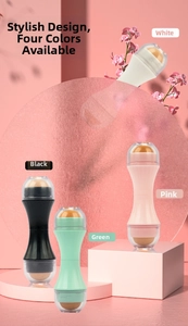 Detailed view of four colorful facial oil-absorbing volcanic rollers on aesthetic display