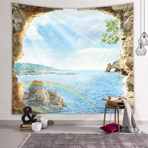 Detail eines 3D-Wandteppichs mit Meeresblick und Regenbogen durch eine Steinmauer