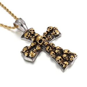 Punk stainless steel necklace featuring silver cross pendant with gold skull embossments