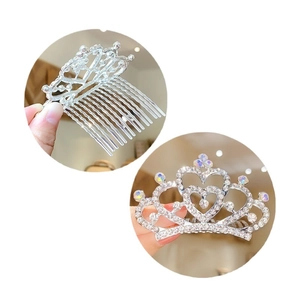 Pettine tiara d'argento per bambine con strass a forma di cuore in cristallo aurora