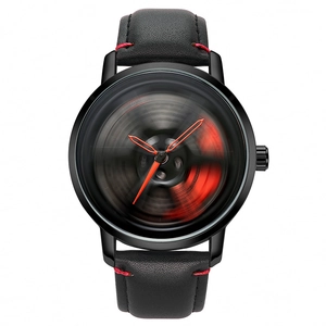 Men Car Wheel Hub Rotating Watch Quartz Wristwatch Sport Personalized Racing Design Faux Leather Strap 30M Waterproof Alloy Case