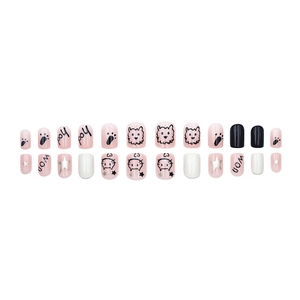 Cute cartoon cat press-on nails set in pink and black with star and paw print patterns