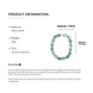 Detailed spec view of resin oval bead necklace with alloy clasp, size 41.4cm plus 10.5cm