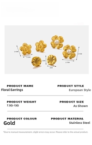 Detail view of 18K gold plated stainless steel flower earrings with sizes and weight info