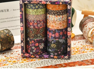 Detailed box set of 12 floral washi tape rolls for vintage scrapbooking and DIY crafts