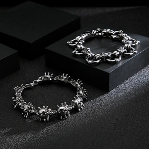 Punk skull chain bracelet and spiked segment wristband in silver stainless steel