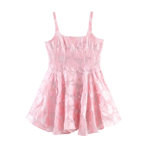 Robe Mini Rose Jacquard Rose À Fines Bretelles Taille Haute Douce Princesse Femme Élégante Polyester