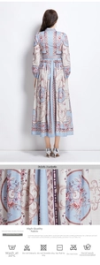 Detail of vintage palace pattern fabric and back design on long sleeve maxi dress