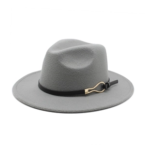 Detail of light gray wool felt fedora hat featuring a slim black leather band and gold buckle