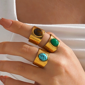Vintage Stainless Steel Sunburst Wide Band Ring For Women Gold Plated Oval Natural Stone Artificial Pearl Adjustable Open Jewelry
