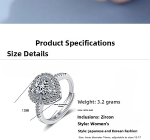 Detail of adjustable heart-cut zircon ring in silver finish showing 16mm inner diameter