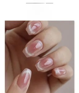 Vue détaillée des faux ongles Cat-Eye français avec dégradé rose et reflets argentés